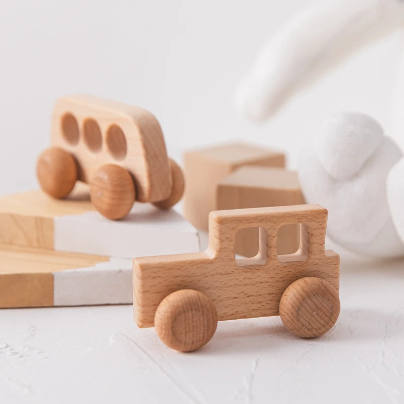 Baby BPA Free Silicone Car Ambulance Toys Wooden Cartoon Bus Teether Educational Montessori Toys For Children Teething Baby Toys