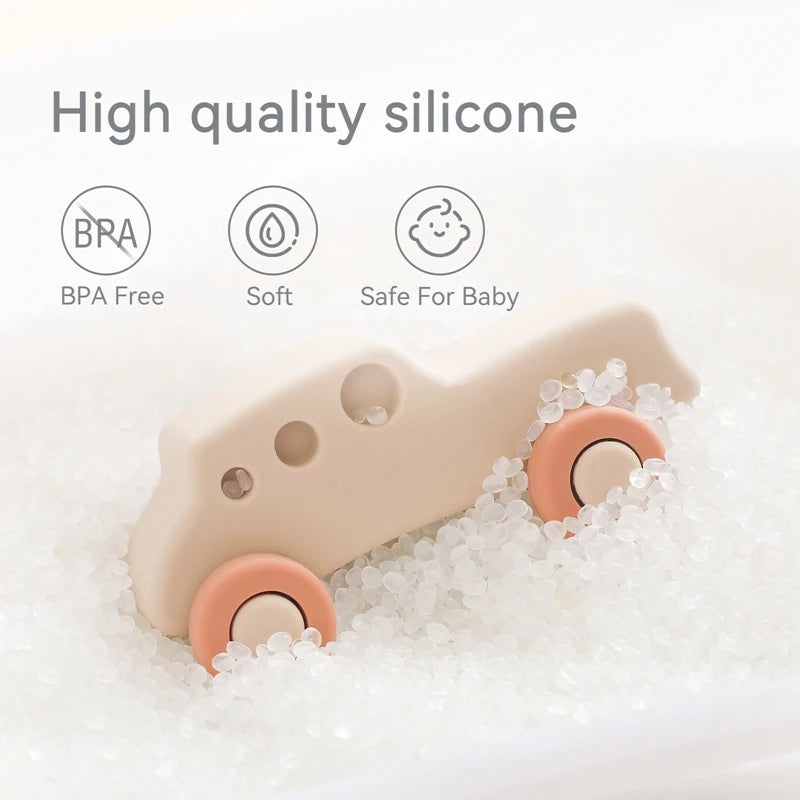 Baby BPA Free Silicone Car Ambulance Toys Wooden Cartoon Bus Teether Educational Montessori Toys For Children Teething Baby Toys