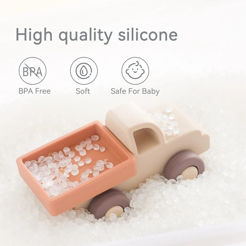 Baby BPA Free Silicone Car Ambulance Toys Wooden Cartoon Bus Teether Educational Montessori Toys For Children Teething Baby Toys