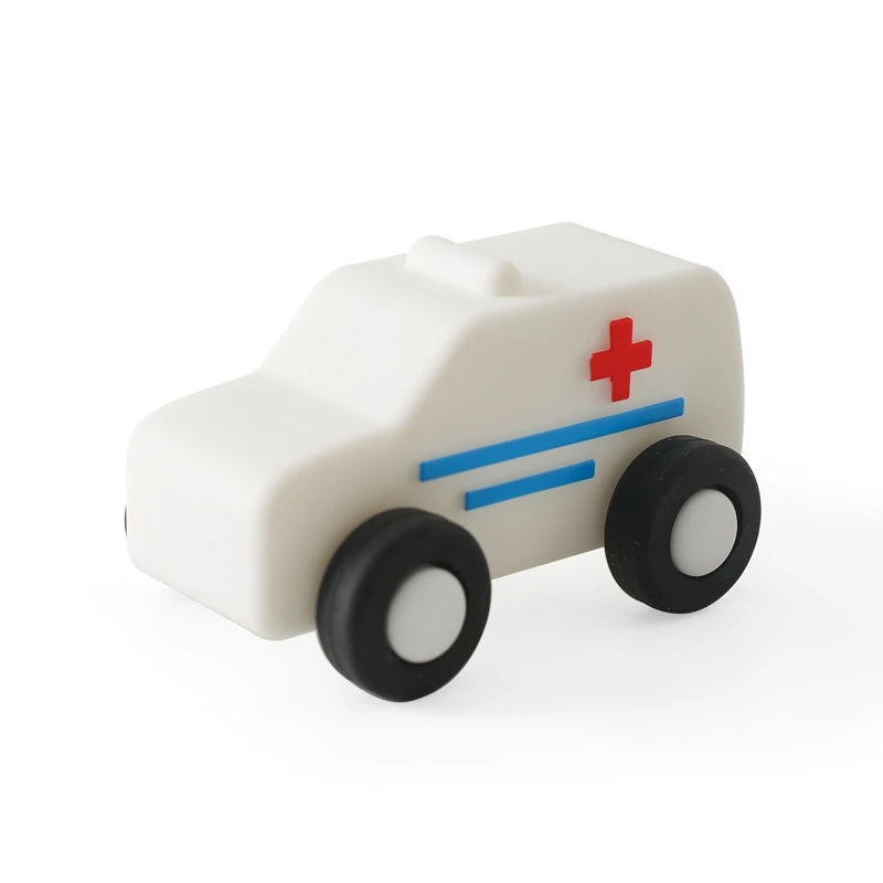 Baby BPA Free Silicone Car Ambulance Toys Wooden Cartoon Bus Teether Educational Montessori Toys For Children Teething Baby Toys