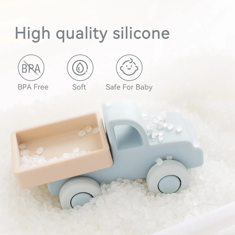 Baby BPA Free Silicone Car Ambulance Toys Wooden Cartoon Bus Teether Educational Montessori Toys For Children Teething Baby Toys