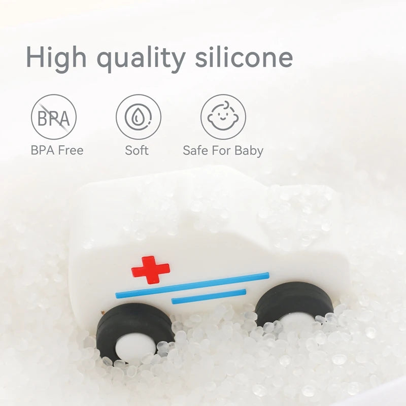 Baby BPA Free Silicone Car Ambulance Toys Wooden Cartoon Bus Teether Educational Montessori Toys For Children Teething Baby Toys