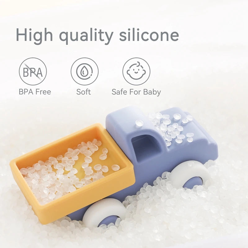 Baby BPA Free Silicone Car Ambulance Toys Wooden Cartoon Bus Teether Educational Montessori Toys For Children Teething Baby Toys
